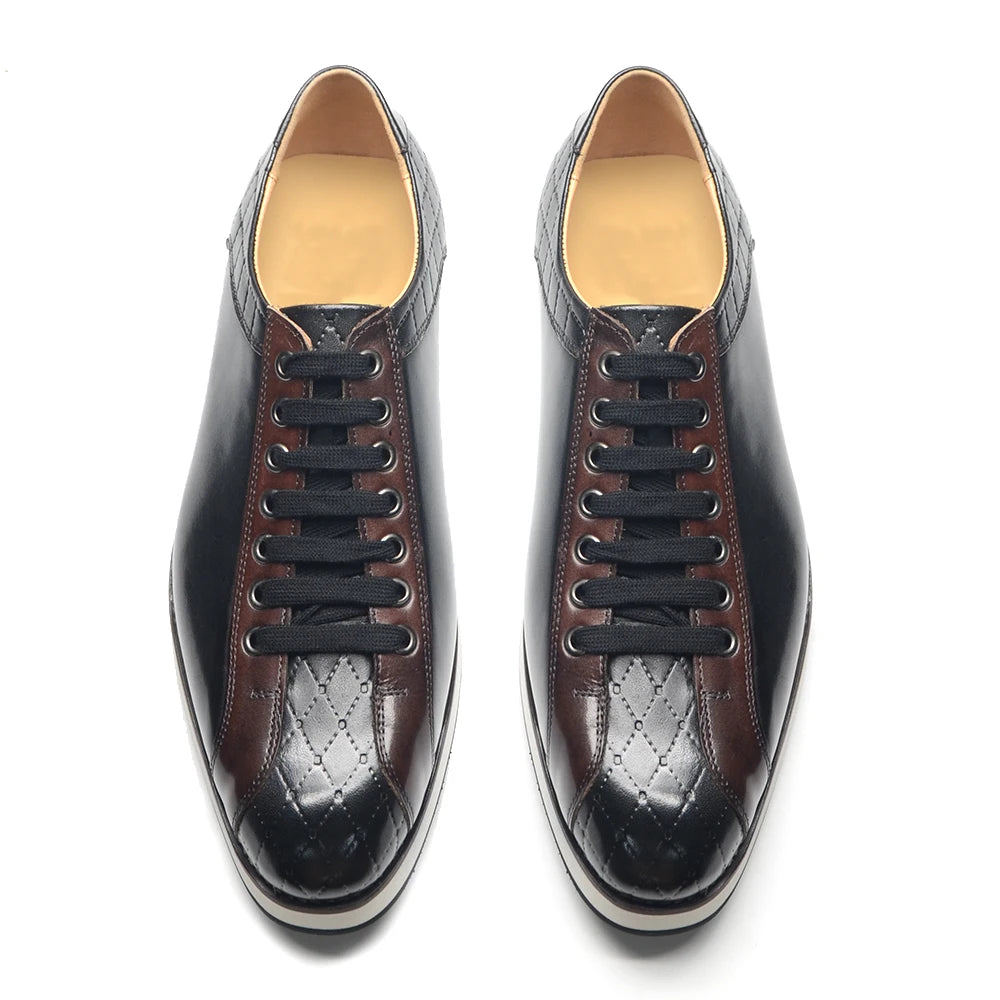 European Style Genuine Leather Men's Casual Shoes Luxury Plaid Business Social Black Flat Lace-Up Sneaker Shoes for Man