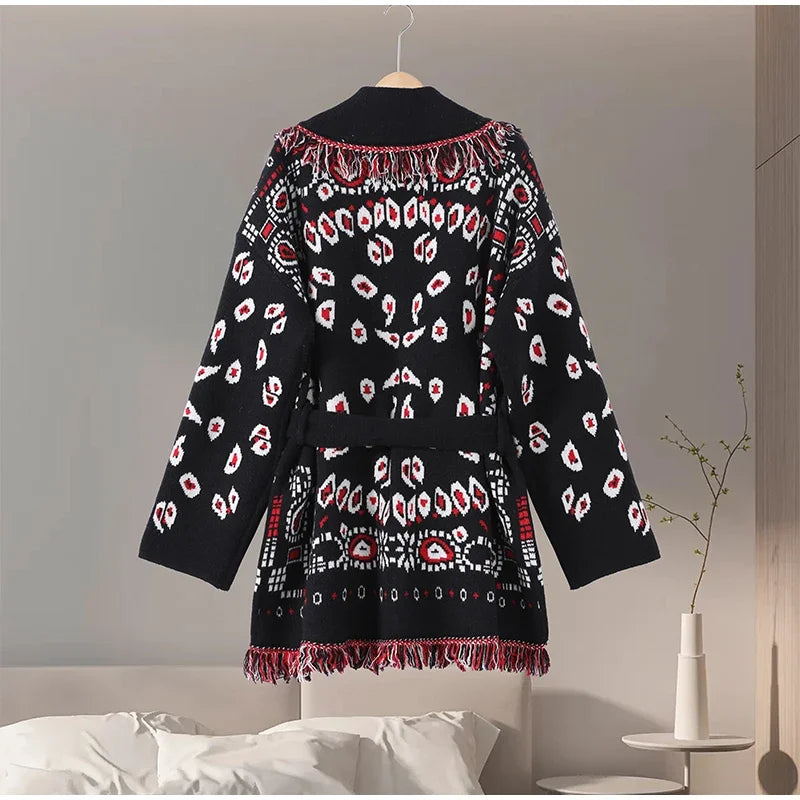 2026 Spring Tassel Knitted Jacquard Women's Cardigans Loose Patchwork V-neck Long Sleeve Thick Warm Sweater Lady New Knitwear
