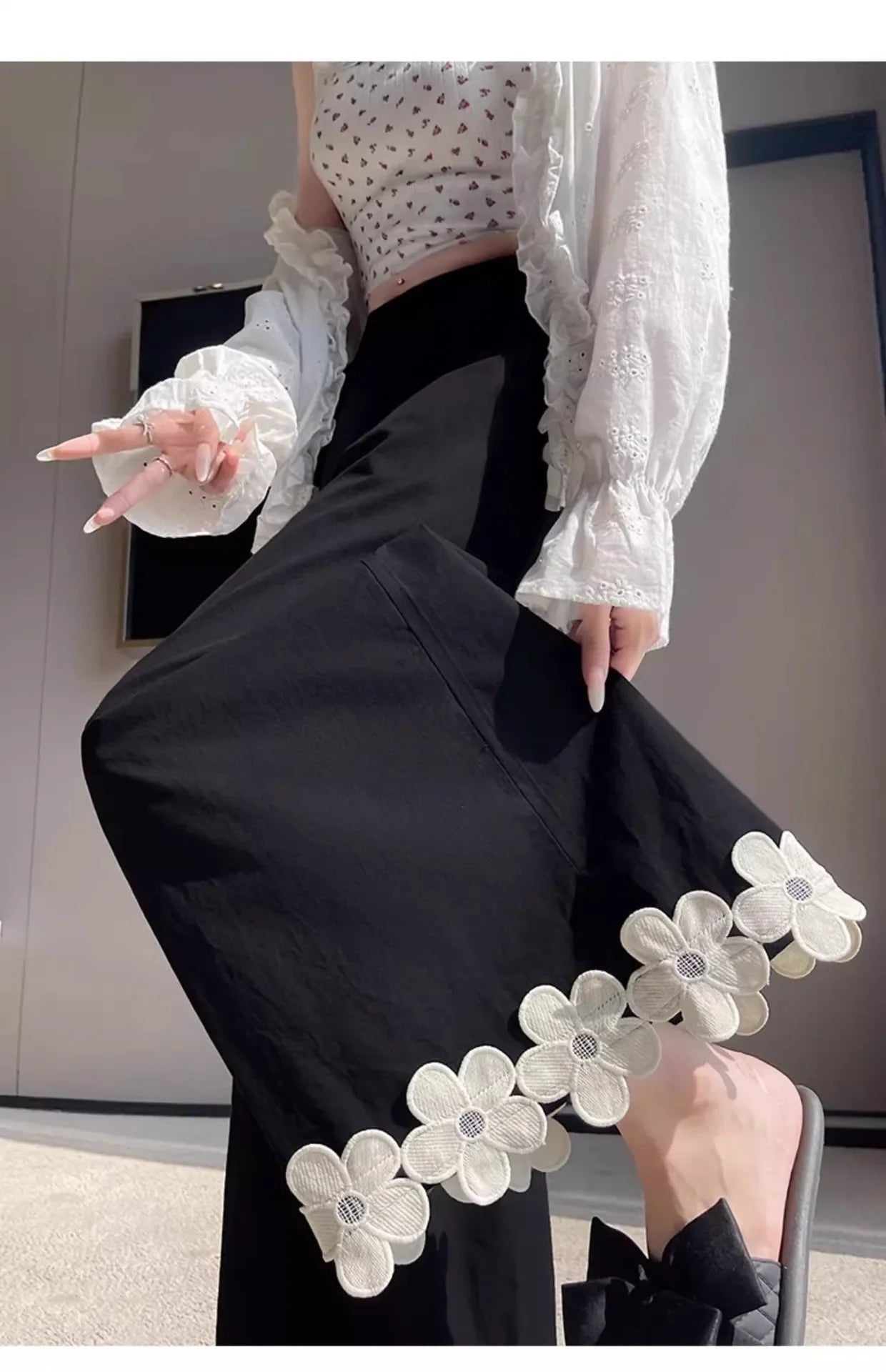 Spring and summer best-selling styles: leisure, fresh, country style, cute, versatile, floral high-waisted nine-tenths pants