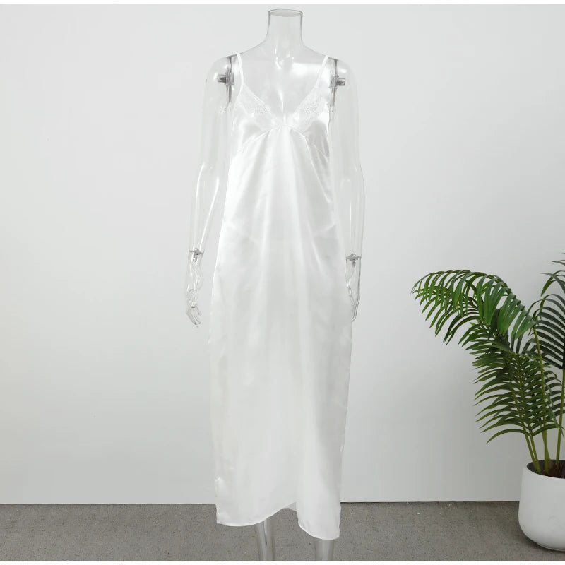 Women V-neck Satin Sling Maxi Dress Sexy White Lace Patchwork Sleeveless Backless Slim Gowns 2026 Evening Party Chic Dresses New