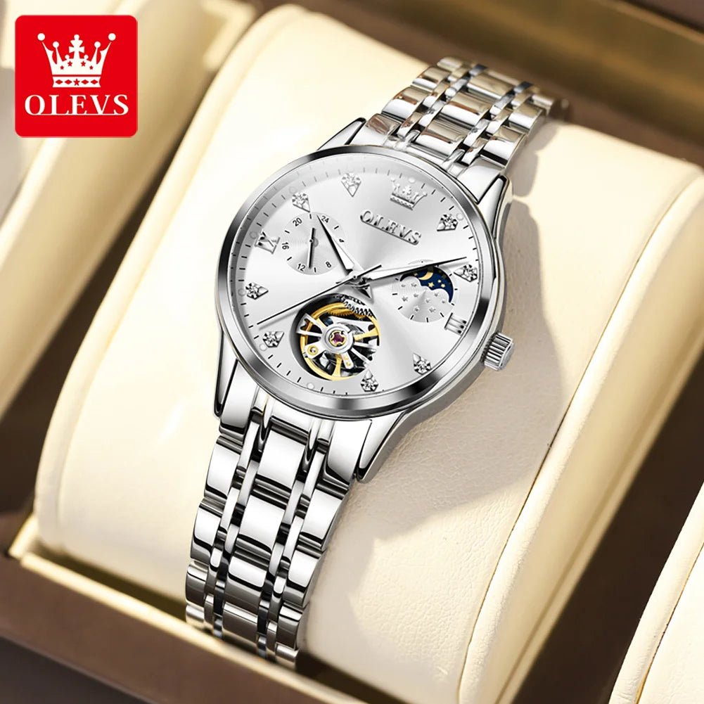 OLEVS 6608 Women Watch Original New Luxury Watch Stainless Steel Automatic Mechanical Diamond Scale Waterproof Watches For Women
