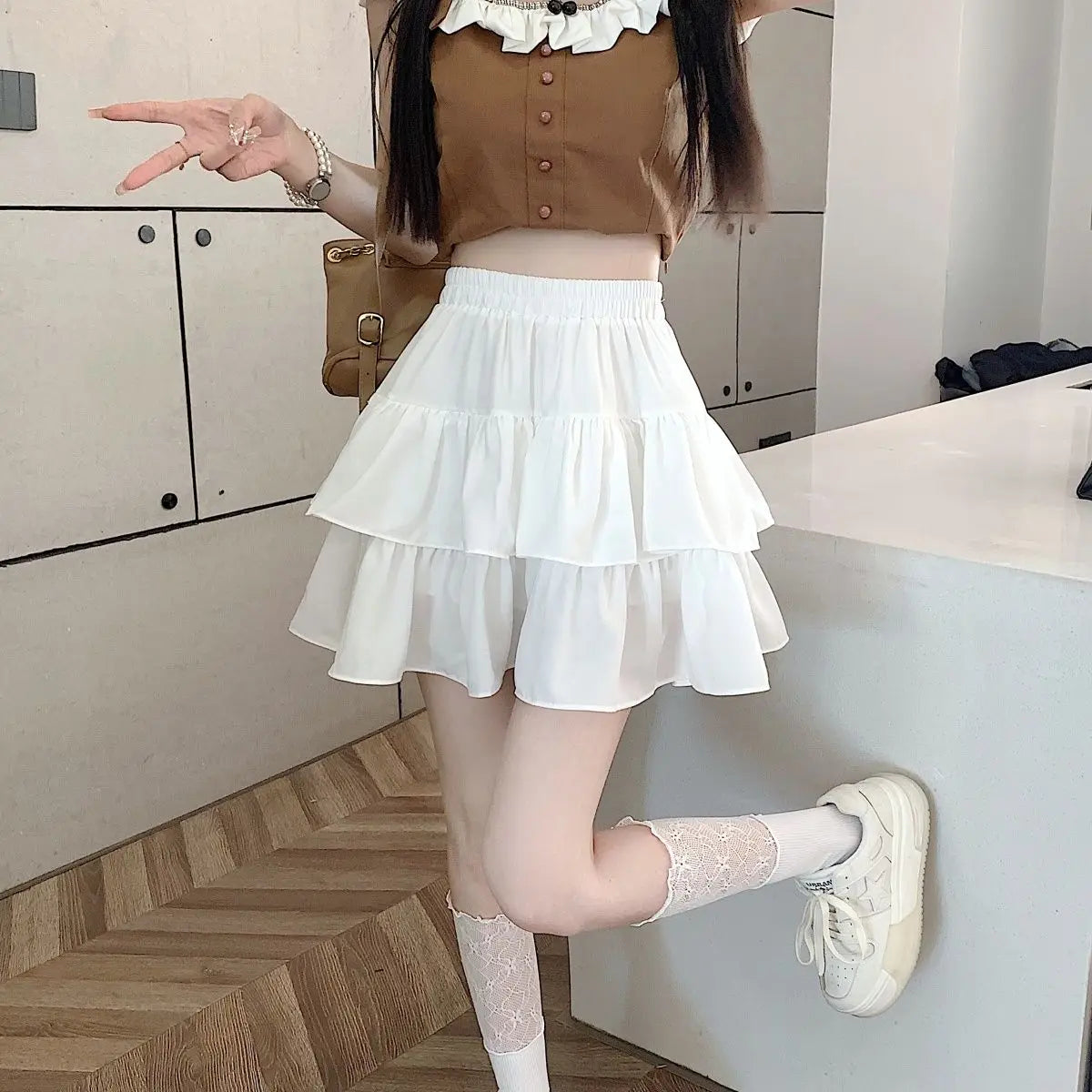 Ruffled Cake Skirts for Women High-waisted A-line Solid All-match Sweet Lovely Girls Korean Style Gentle Spring Kawaii Casual