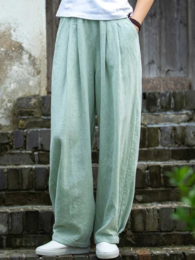 Johnature Women Loose Cotton Linen Casual Pants Solid Color Elastic Waist Lantern Pants 2025 Spring New Female Trousers