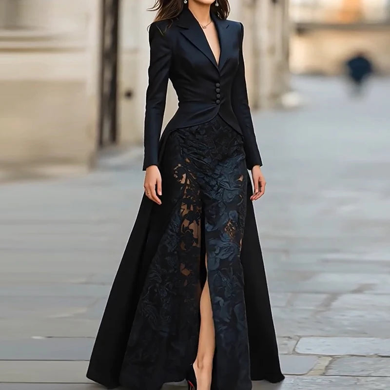 Autumn Women's Lapel Button Top and Skirt Two Piece Set Lace Patchwork Slim Fit Party Suit Elegant Solid Formal Occasion Outfit
