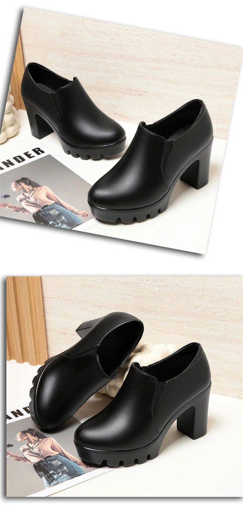 Round Toe Deep Mouth Single Shoes High Heels Thick Heels Versatile Spring Autumn Thick Sole Waterproof Platform Leather Shoes