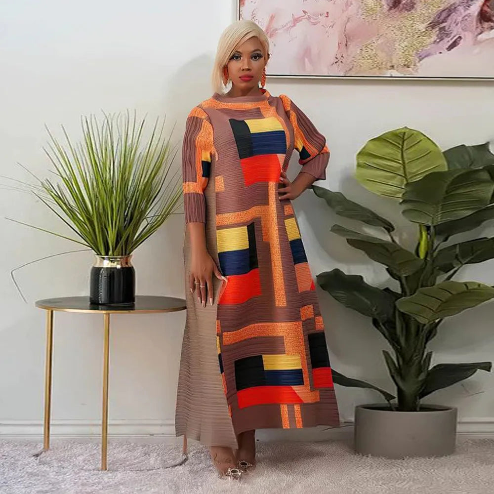 African Dresses for Women Summer Fashion Style African 3/4 Sleeve Polyester O-neck Pleated Dress Dashiki African Clothes Women
