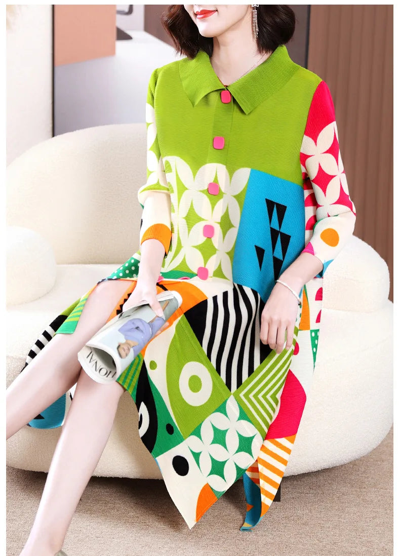 Miyake Pleated Dress Women 2024 Spring New High-End Design Sense Printing Lapel 3/4 Sleeve Single-breasted Fashion Shirt Dresses
