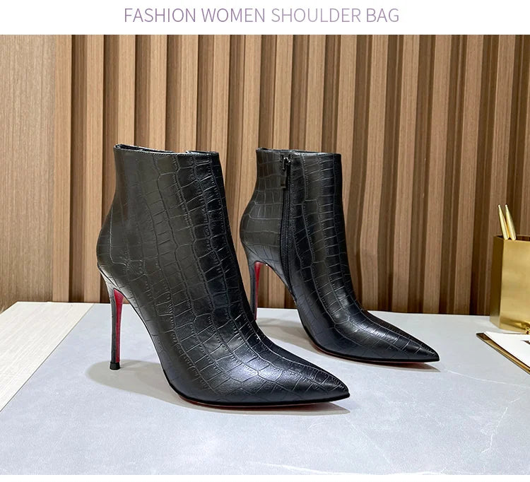 Autumn and winter new turtle patterned short boots, slim high heels, black 10cm, female pointed, slim heels, Shizang bare boots