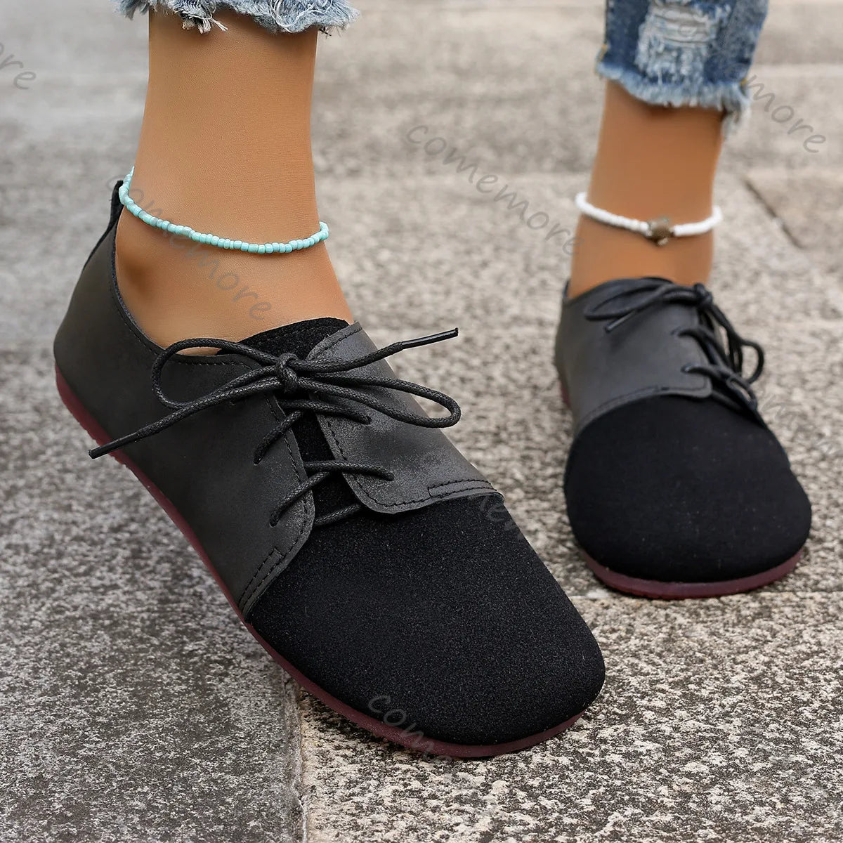 Comemore Spring Women's Flat Shoes Fashion Round Toe Lightweight Lace-up Soft Single Shoes Outdoor Casual Sneakers Mocasines