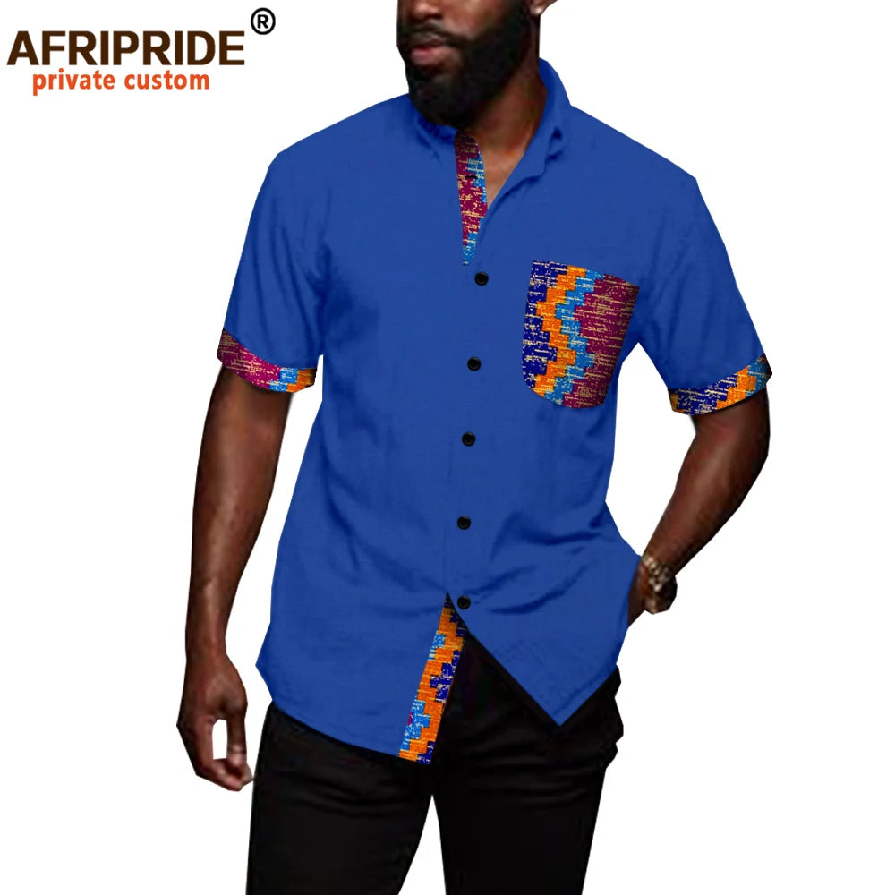African Shirts for Men Denim Thin Shirt Short Sleeve Pockets Slim Slight Elastic Jeans Cowboy Shirt Clothing Crop Top A2012006