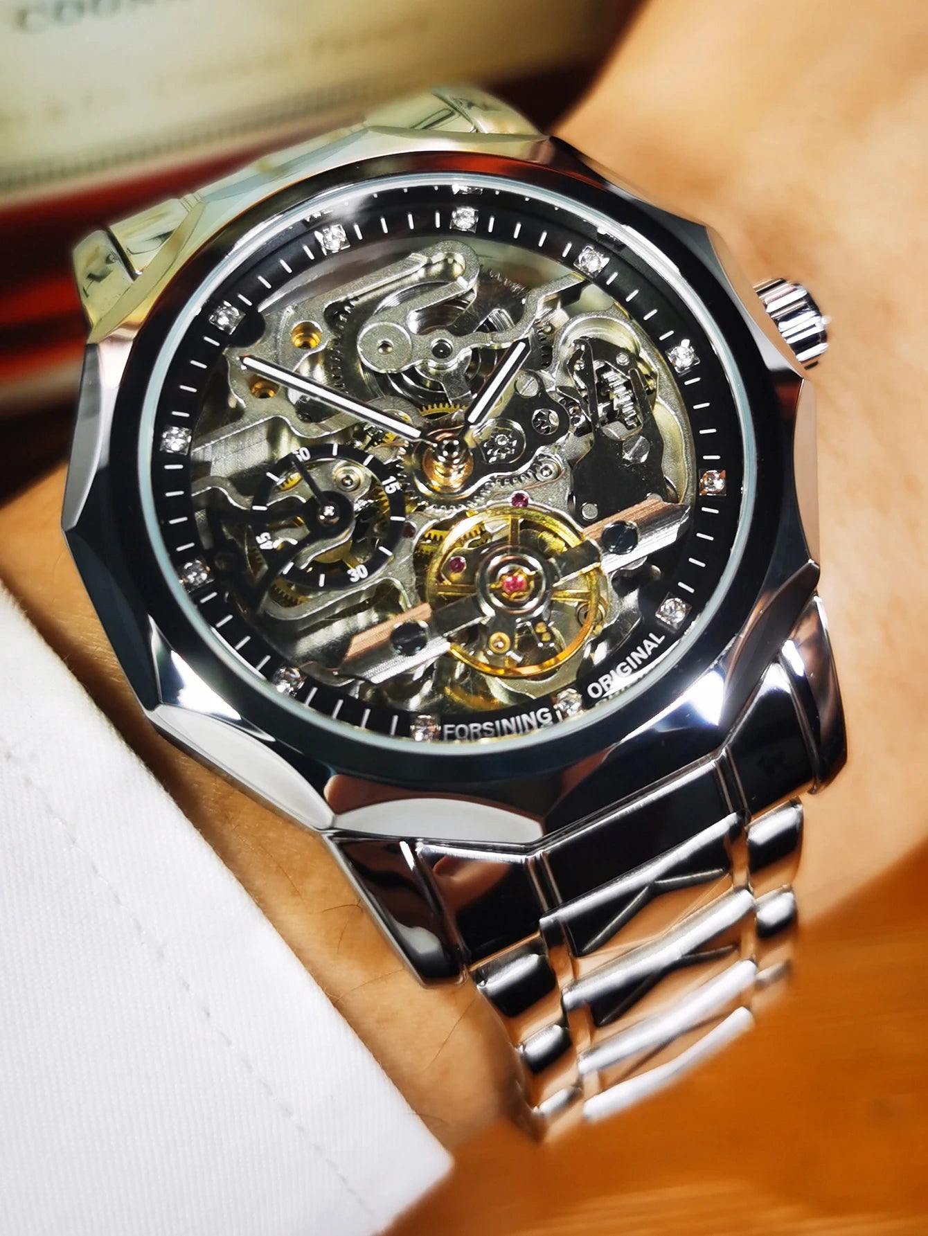 Forsining Fashion Tourbillon Skeleton Automatic Mechanical Watch for Men Luminous Hands Iced Out Watches Stainless Steel Strap