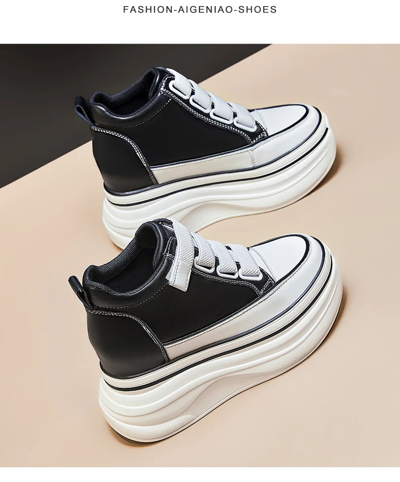 10cm Genuine Leather Platform Wedge Mid Calf Ankle Motorcycle Booties Non Slip Hidden Heel New Women Slip-On Autumn Spring Shoes