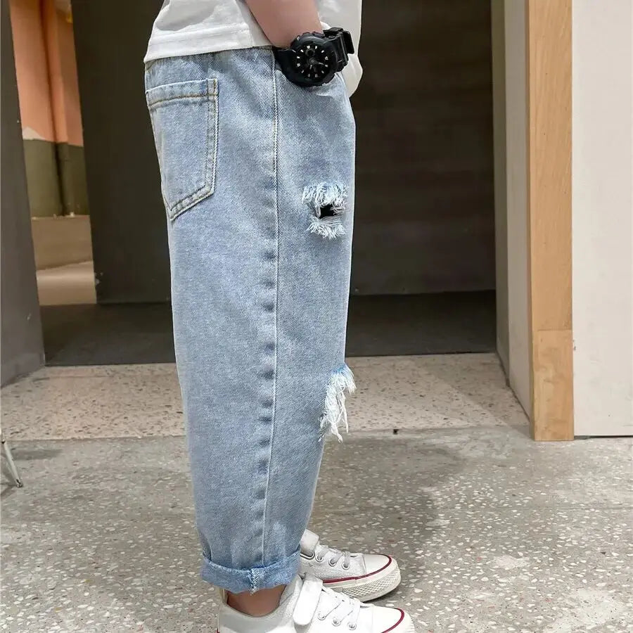 Kids Boys Pants Summer Ripped Jeans New Fashion Children's Baby Loose Casual Jeans Pants Boy and Girl Trousers