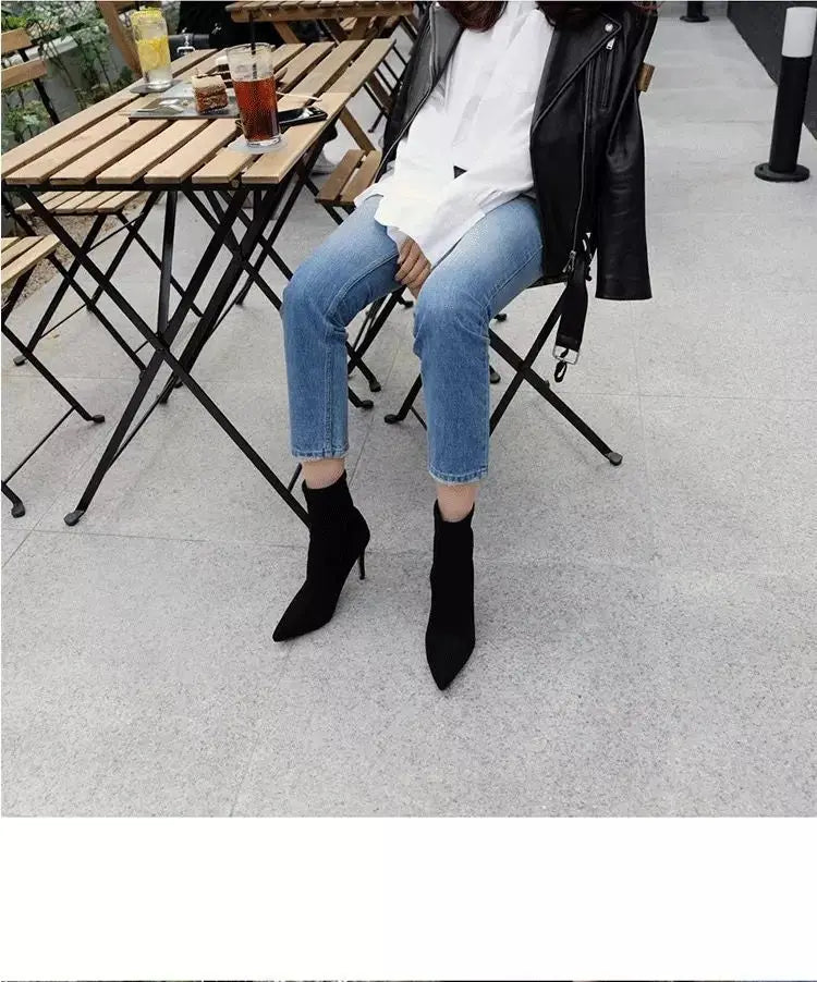 Comemore 2021 Autumn Winter High Heel Women's Shoes Pointed Toe Stiletto Ankle Boots Stockings Black Girls' Socks Boots Dress 34