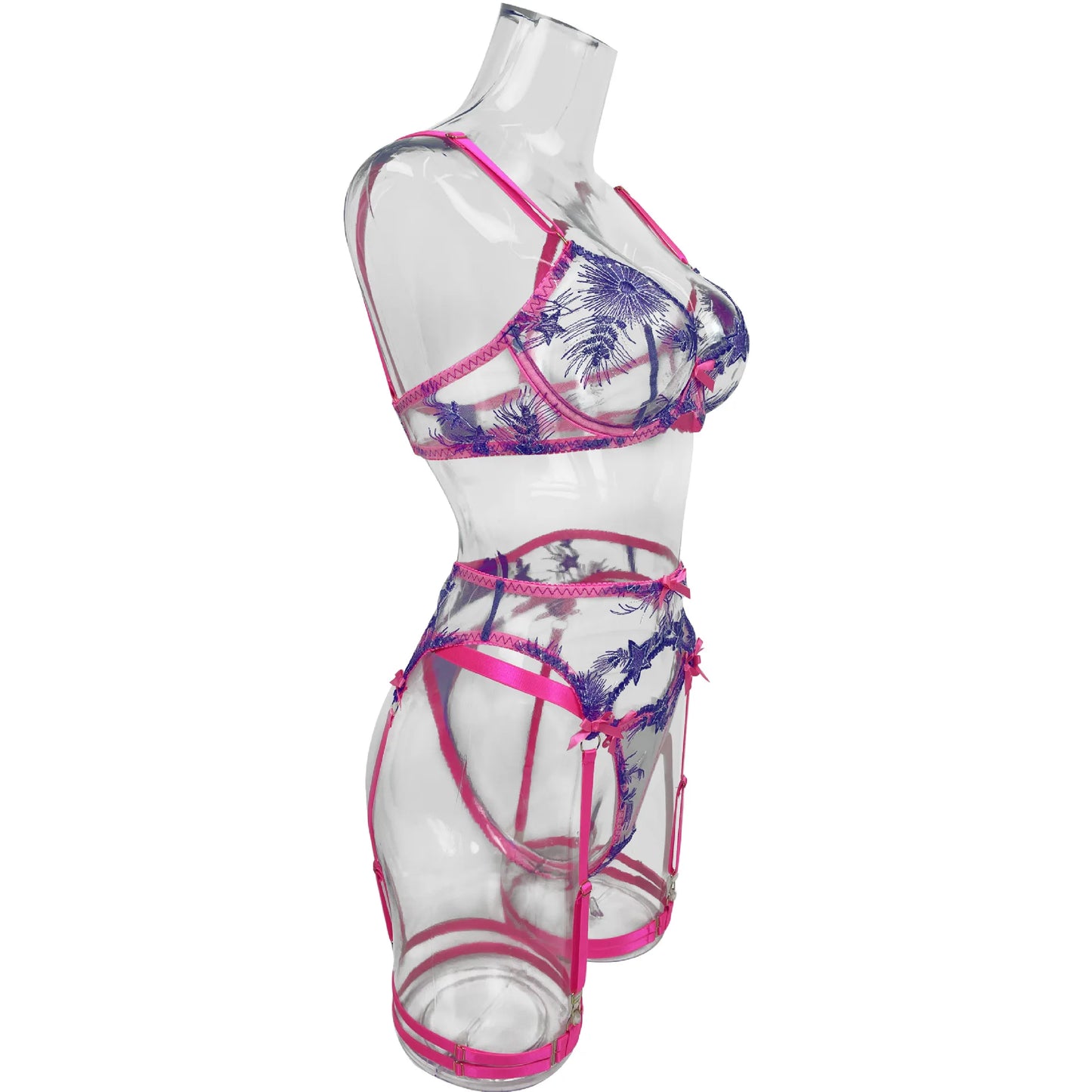 Women's Sexy Lingerie Set Pink Sheer Lace Underwear Set Floral Embroidery Garter Belt Fairy Outfit Sensual See-Through 3-Piece