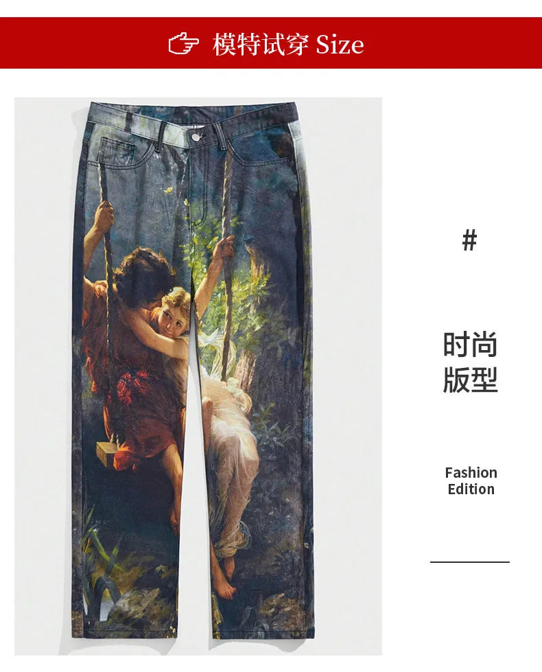 European and American Street Men's Fashionable 3D Digital Pattern Printed, Ink-splashed and Tie-dyed Straight-leg Jeans.