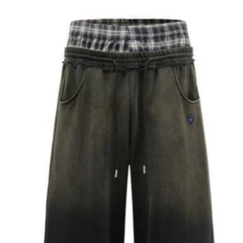 Mens Pants Washed Plaid Patchwork Double Waist Straight Leg Trousers Harajuku Unisex Low Rise Loose Fit Casual Streetwear New