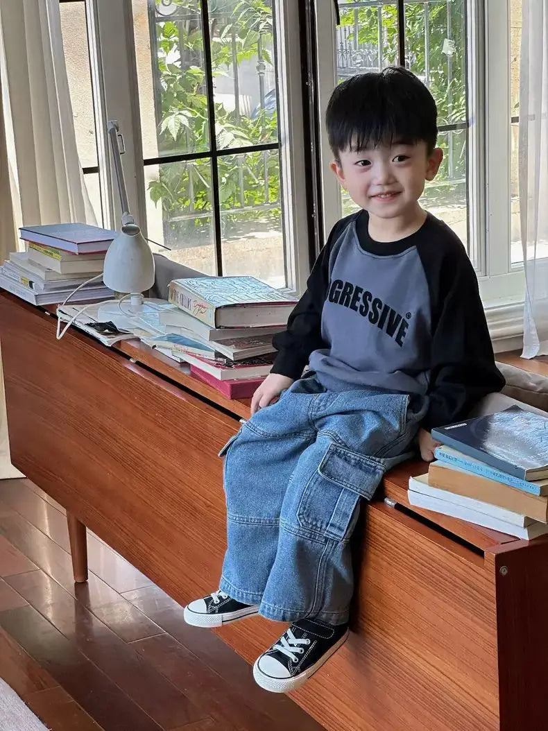 Boys Jeans Korean Style All-match Loose Cargo Pants Kids Fashion Brand Mid-small Children Autumn Casual Straight Pants Spring