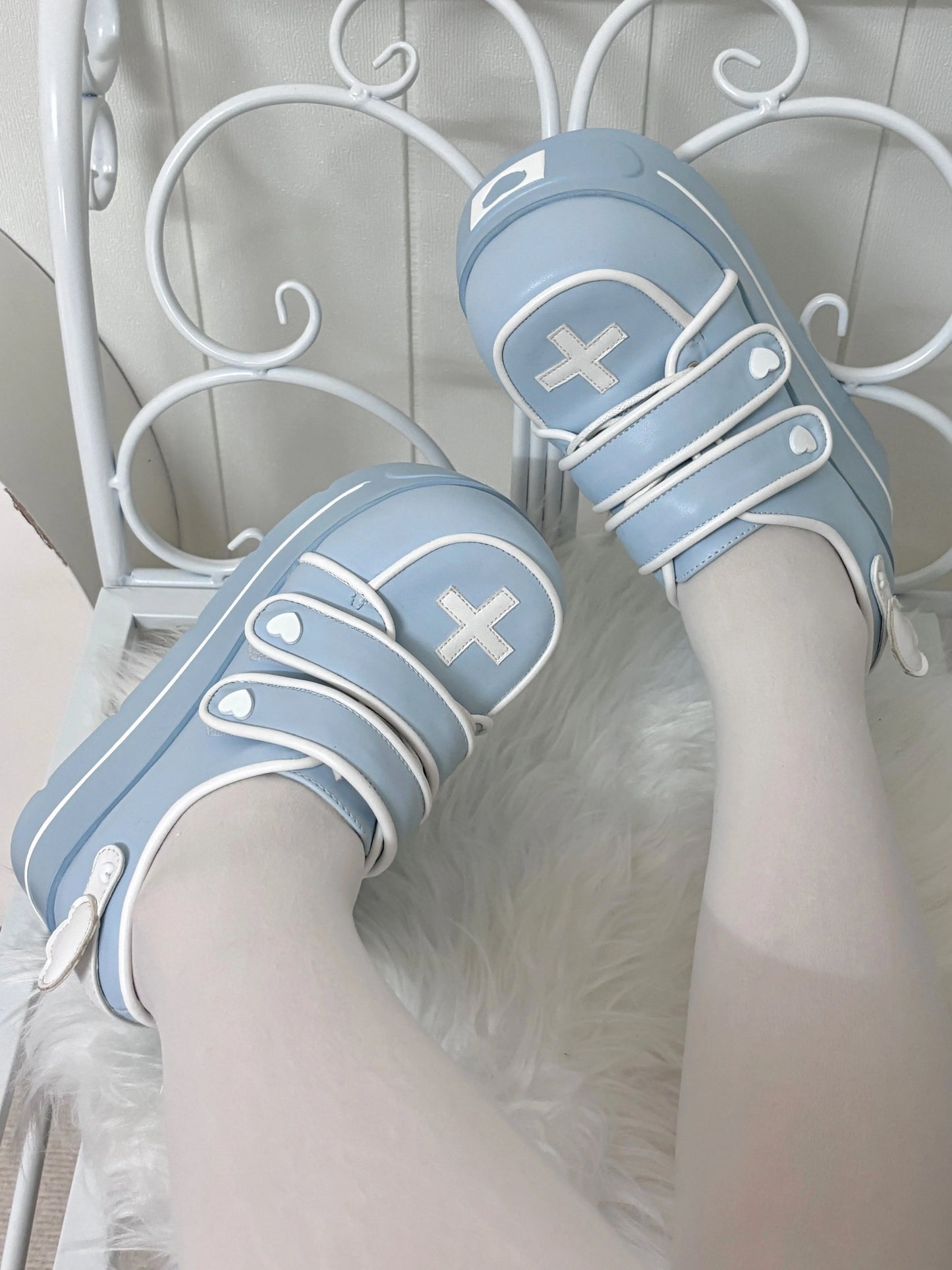Original Japanese Cute Cross Print Thick-soled Muffin Shoes Subculture Sweet Cool Girl Round Head Pu Leather High Heels Women