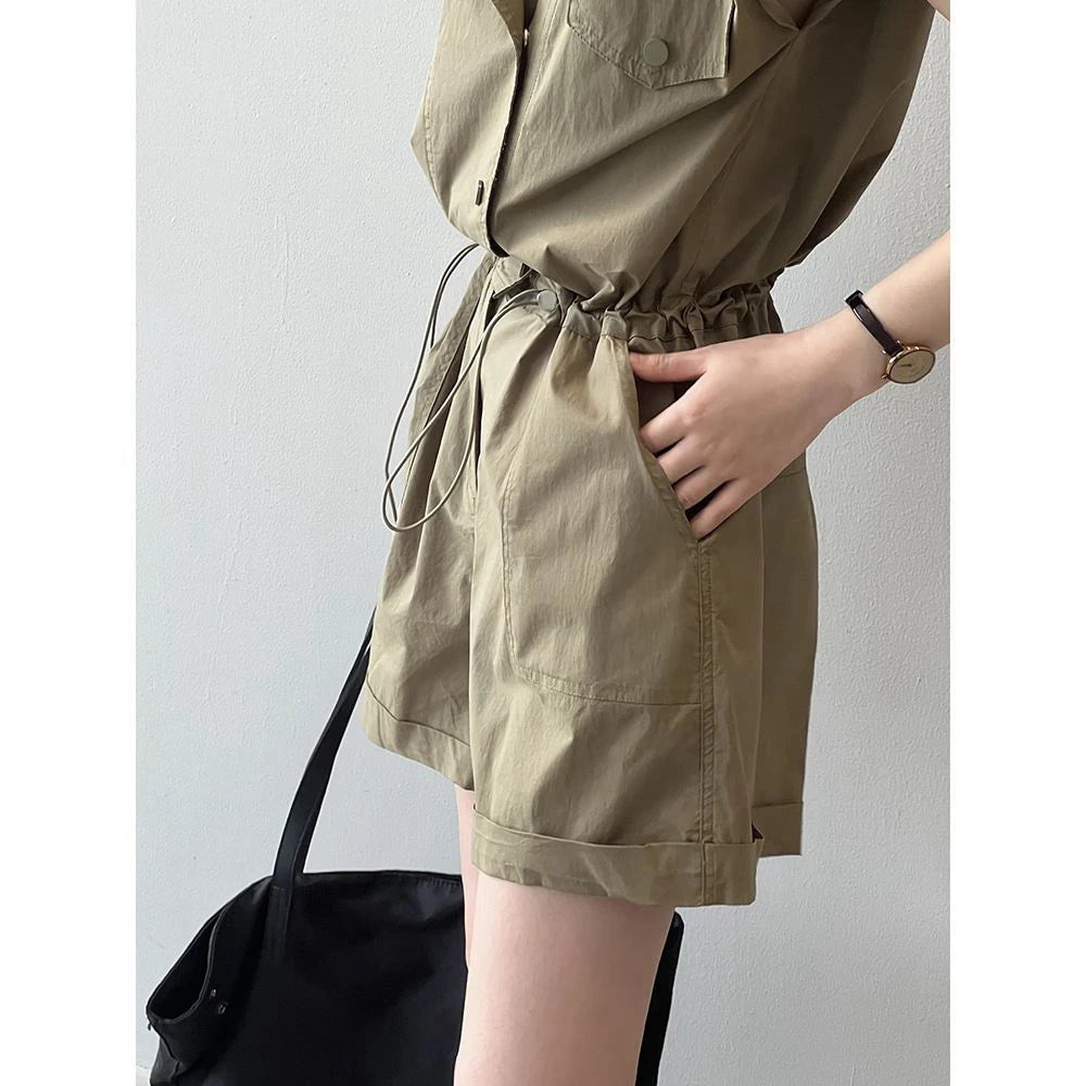 Fashionable Thin Short Pants Jumpsuit Set High Waist Commute Style Tassel Detail Straight Leg Jumpsuit for Summer