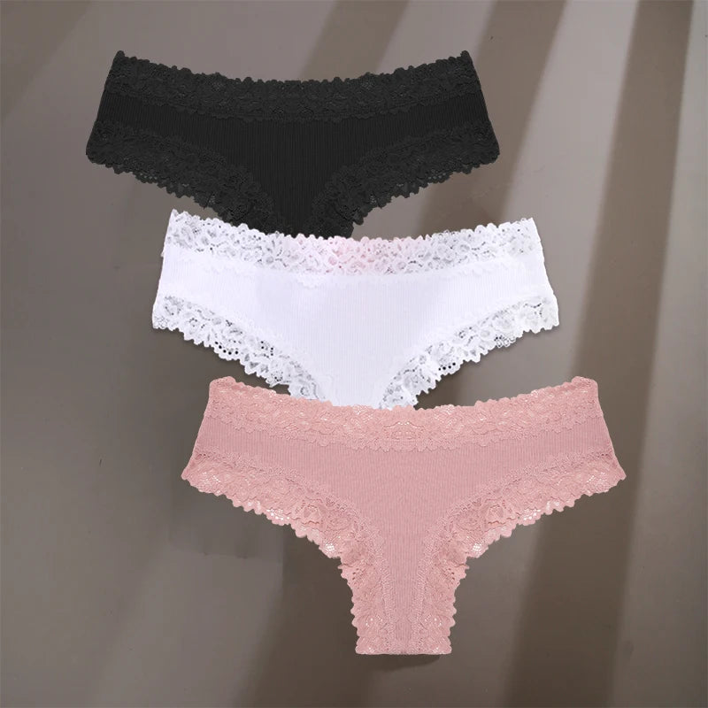 3Pcs/Set Sexy Lace Briefs Cotton Panties Women's Fashion 7 Solid Color Comfortable Briefs Low Waist Underpants Stretch Underwear