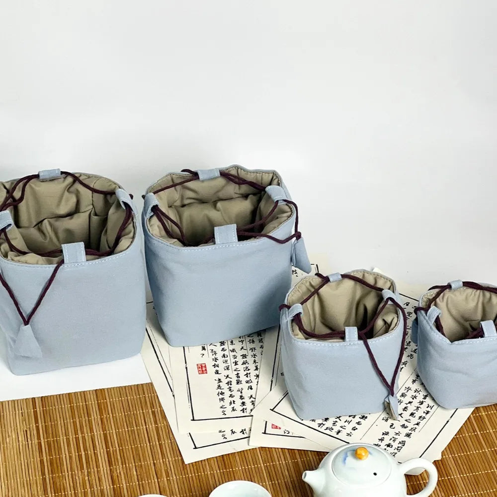 Chinese Style Tea Set Organizer Bag Embroidered Breakage-proof Teacup Drawstring Cloth Pouch Tea Ceremony Accessories