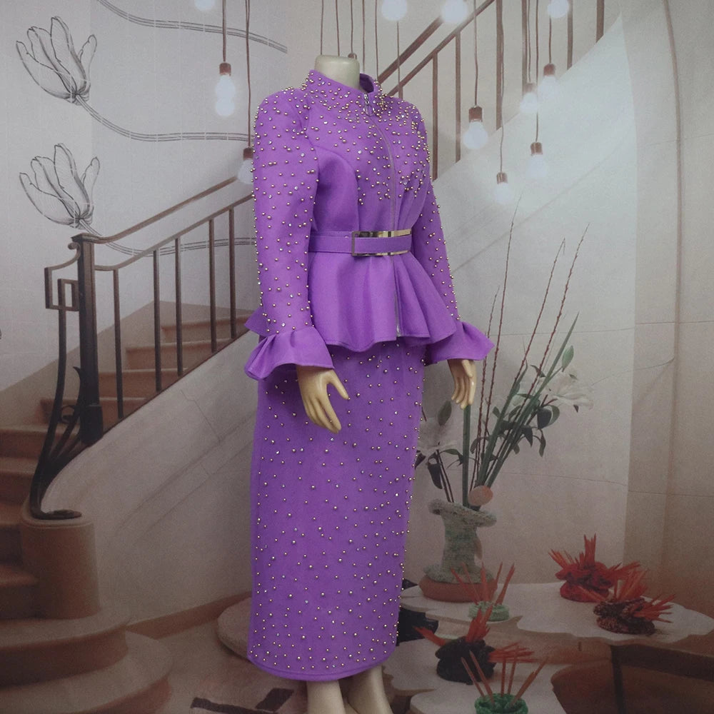 Fashion Suit African Dresses for Woman Rhinestone Turkey Dresses for Women Luxury High Quality Mesh Fabric African Beaded Dress