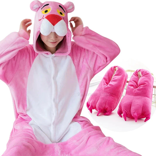 Pink Leopard Kigurumi Unicorn Pajamas Sets Flannel Animal Pyjamas Ladies Winter Nightie Sleepwear Homewear Cosplay Slipper