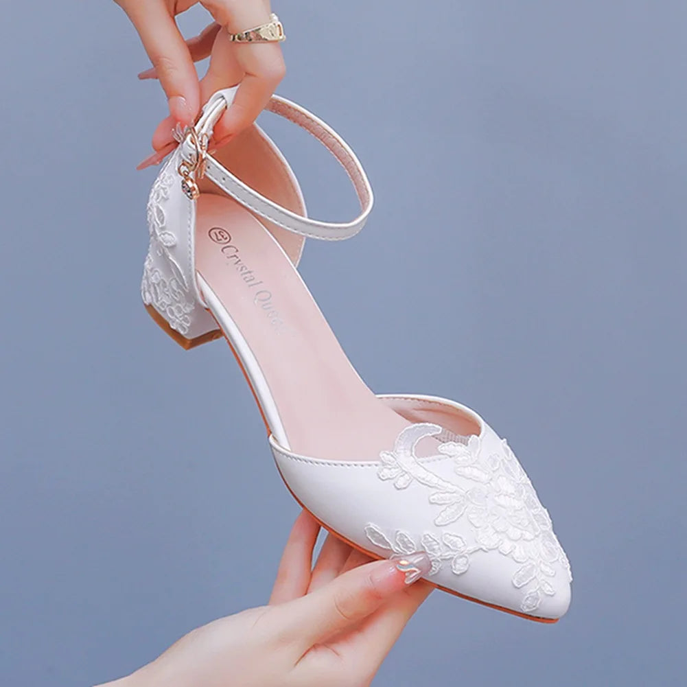 White Lace Wedding Shoes Thick Flower High Heels Women Bridal With Low Mouth Buckle 7CM Sandals Pumps