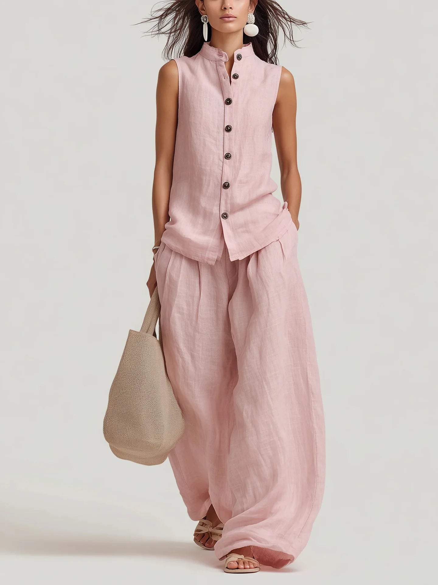 Women's Cotton Linen Vest Top and Long Pants Matching Set Casual Jumpsuit Playsuit
