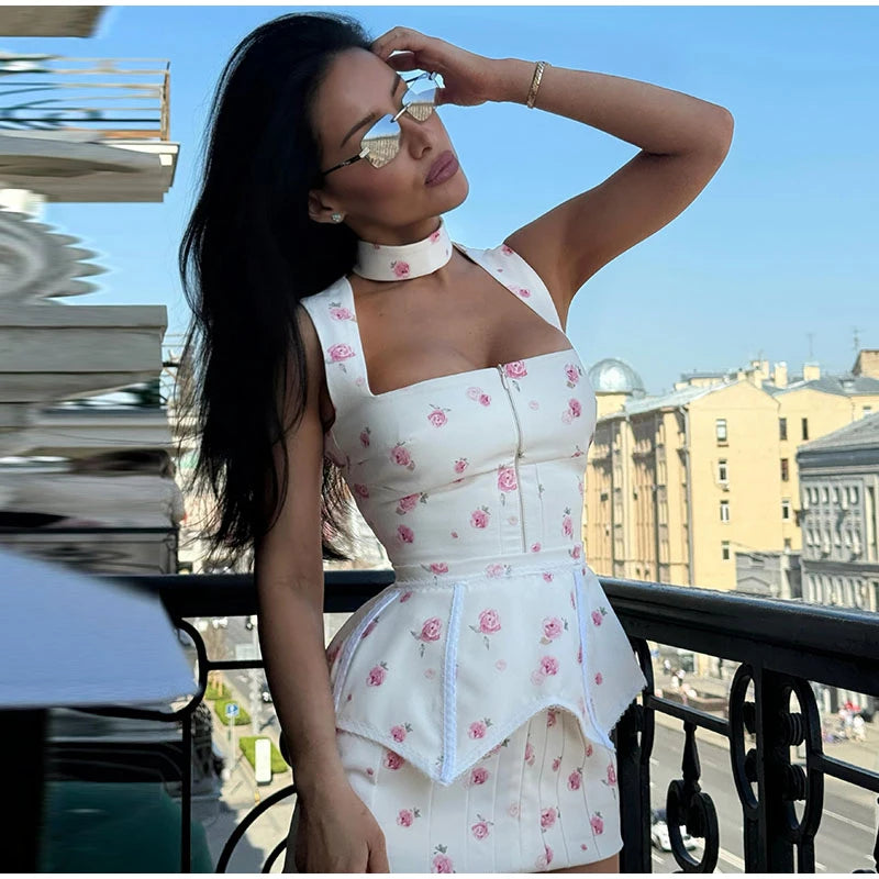 Sexy Printed Sling Waistband Dress Women Urban Sleeveless Square Collar Closed Waist Mini Dress Female 2026 Summer Lady Robes