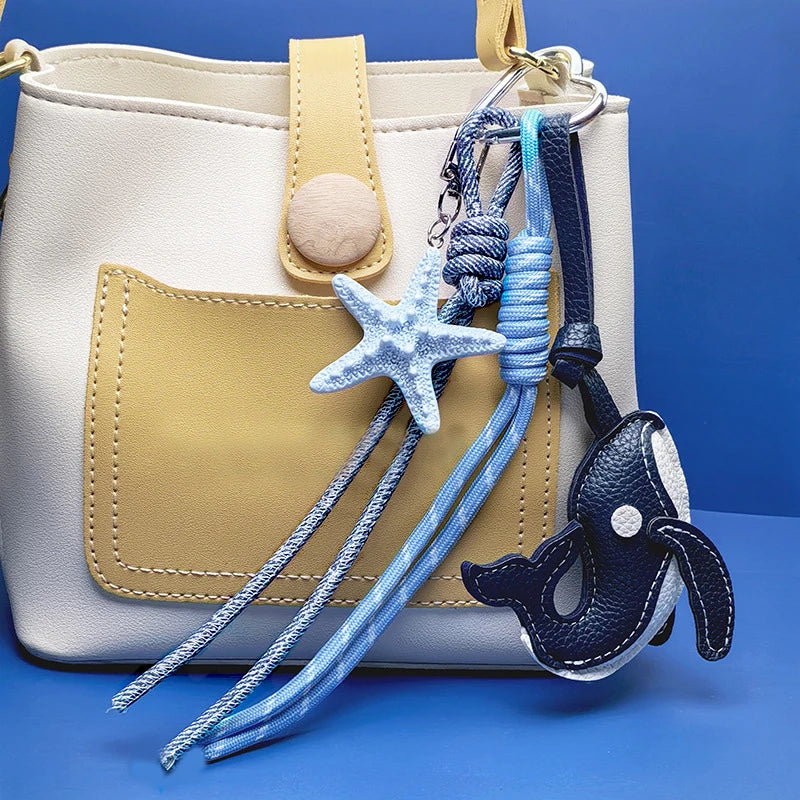 Exquisite Blue Whale Pendant Keychain,Cartoon Cute Starfish Whale Woven Rope Charm Car Bag Decoration Creative Gift