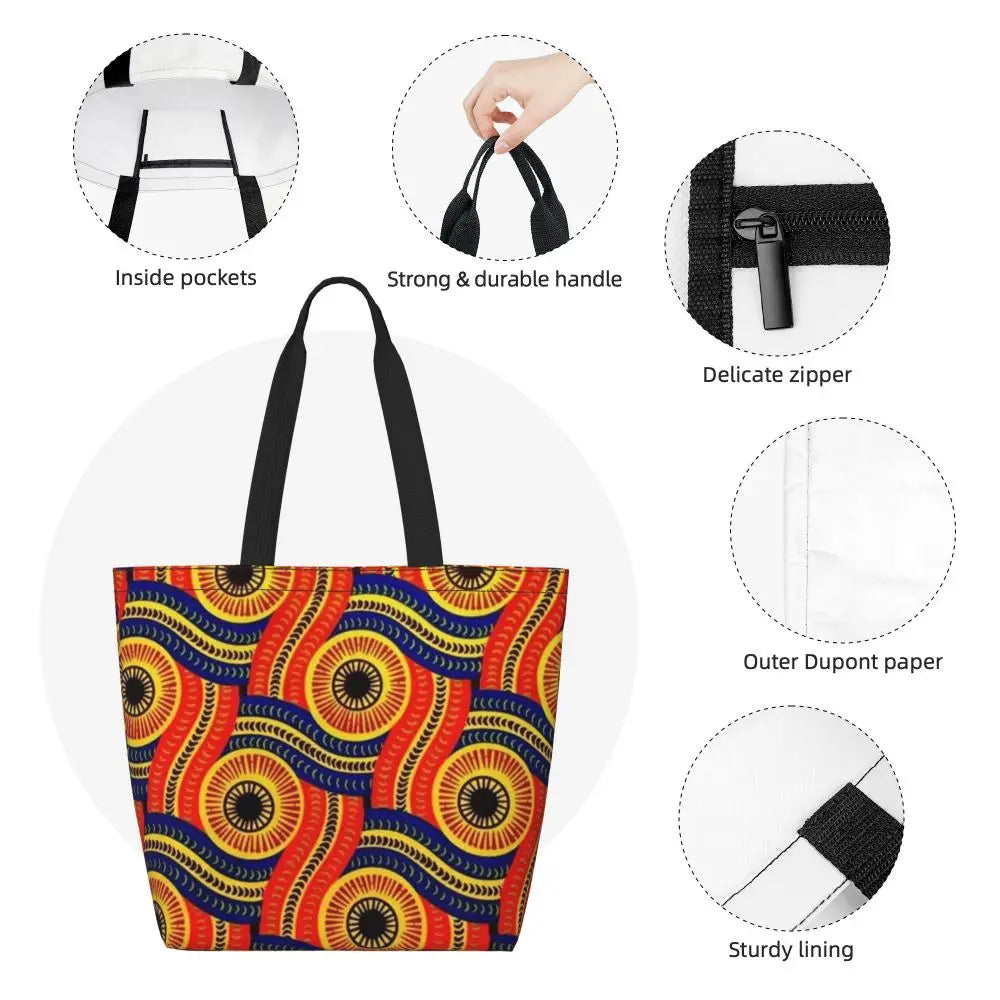 African Ankara Prints Grocery Shopping Tote Bags Women Geometric Ethnic Art Canvas Shoulder Shopper Bags Big Capacity Handbag