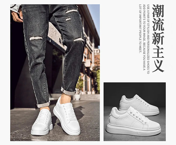 Men's Invisible Height Increasing Elevator Shoes Lace-up Sporty White Sneakers 6cm 8cm 10cm Taller Size Plus Invisible Elevate