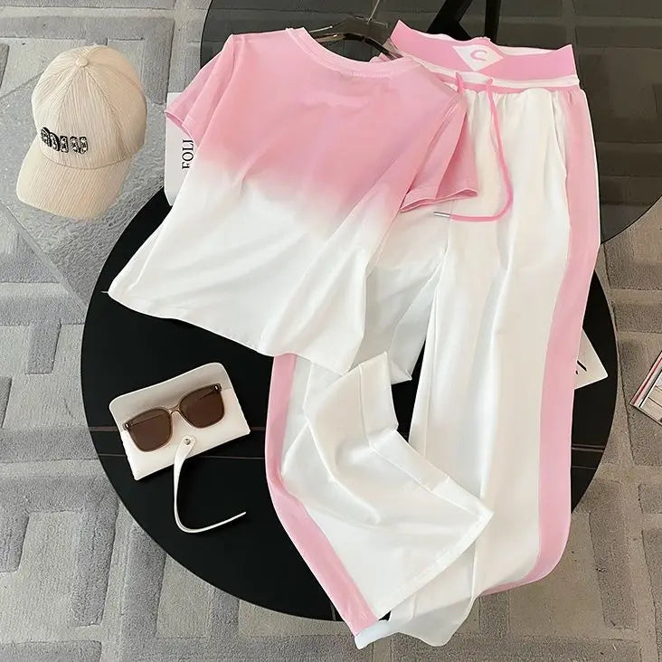 2024 Spring/Summer New Fashionable Gradient Short Sleeve+High Waist Wide Leg Pants Casual Two Piece Set
