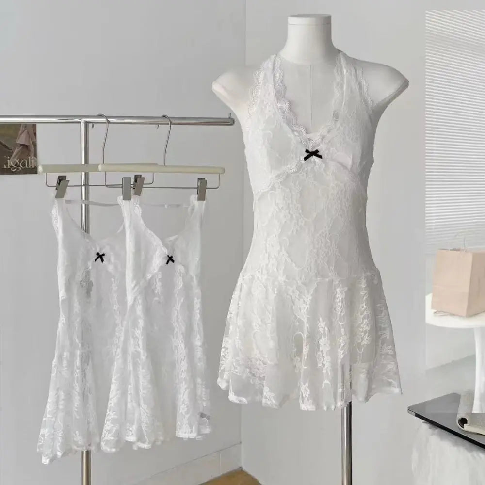 Fashion Transparent Lace Halter Dress V-neck Beachwear Lace-up Short Skirts A-line Spicy Girl Style Dresses Women Club