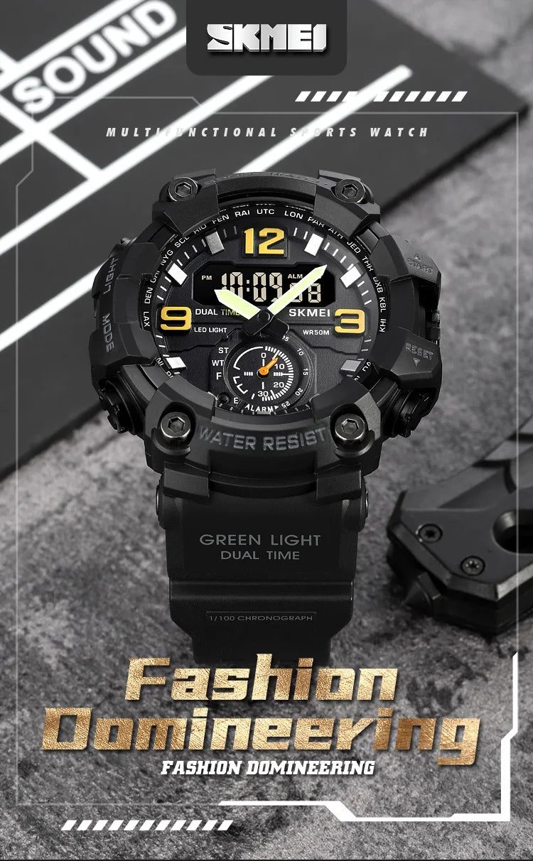 Skmei Men's Military Sport's Wristwatch Fashion Big Size Dial Quartz Analog Three Time Zone Male Led Waterproof Stop Watches