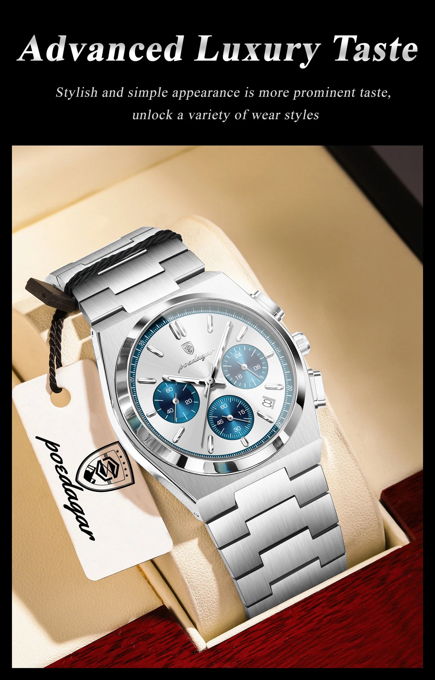 POEDAGAR Top Business Man Quartz Watch Waterproof Luminous Date Chronograph Stylish Watches For Men Stainless Steel Men's Watch
