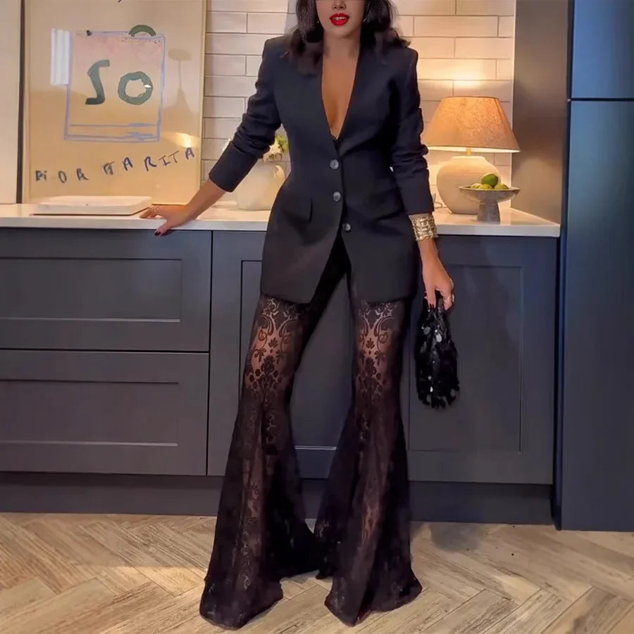 Women Fashion Elegant Blazer Jacquard Lace Pants Sets Slim Button Full Sleeve Suit Jacket Long Flare Trousers Lady Party Outfits