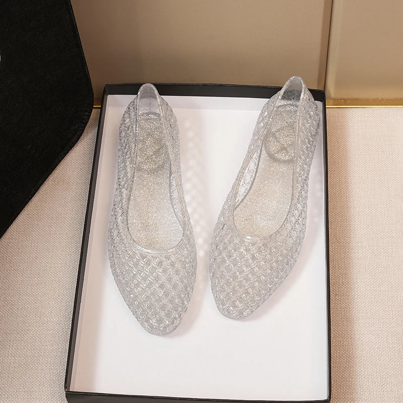 Summer Flat Sandals Women Hollow Out Crystal Plastic Jelly Shoes Mesh Outdoor Sandals