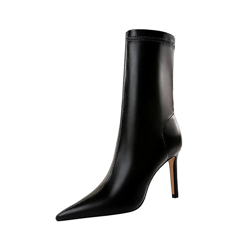Eilyken Fashion Winter High Quality Soft PU Leather Socks Women Ankle Boots Street Style Pointed Toe Thin Heels Ladies Botines