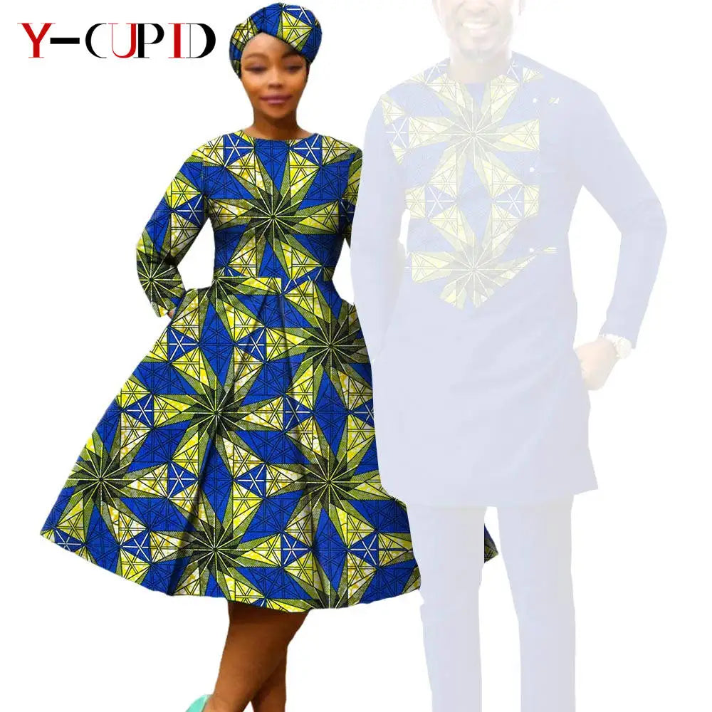 African Print Dresses for Women with Headwrap Matching Couple Outfits Dashiki Men Long Sleeve Pathwork Top and Pant Sets Y23C004