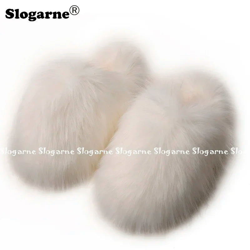 Ladies Winter High Quality Fox Fur Slippers Women Warm Fur Slides Girls Luxury Furry Slippers Soft Comfortable Home Cotton Shoes