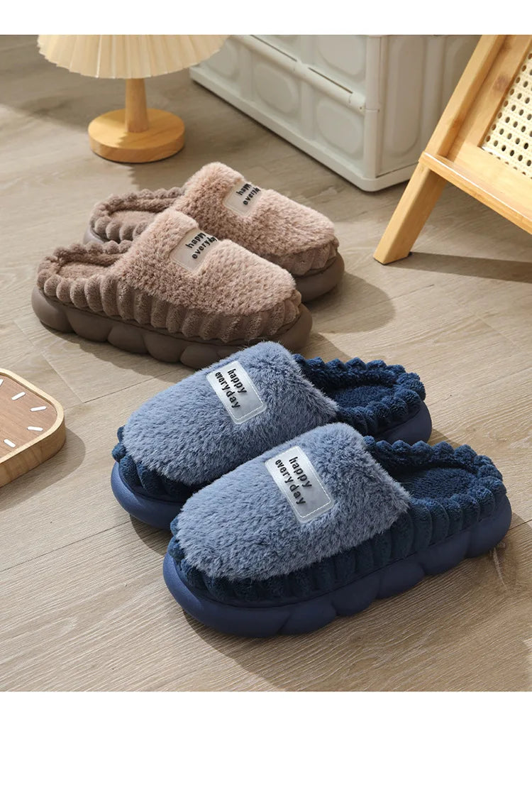 Man slippers home furry thick bottom slides designer winter warm velvet mens slippers blue cotton slipper males shoes