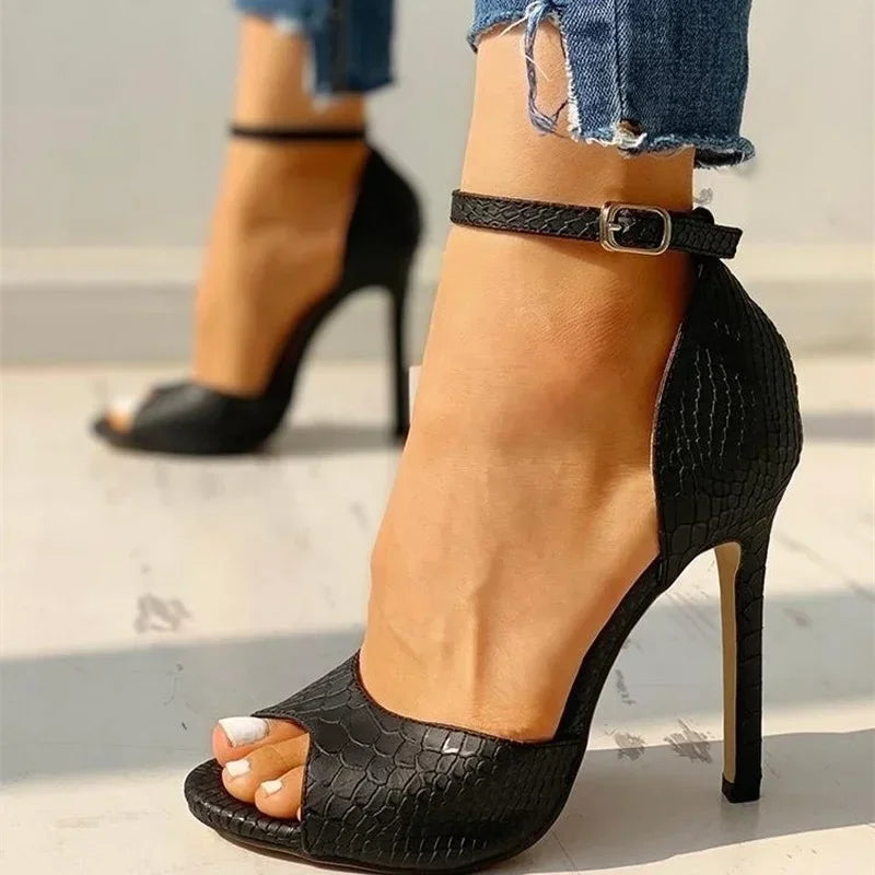 Sexy White Dress Wedding Shoes Women Ankle Strap Peep Toe High Heel Sandals Super High Heels Buckle Snake Pattern Woman Pumps