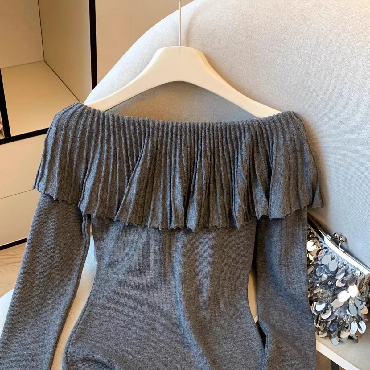 Women's Solid Color Slash Neck Ruffles Sweater Short Pullover Korean Fashion Chic Retro Style for Autumn Winter