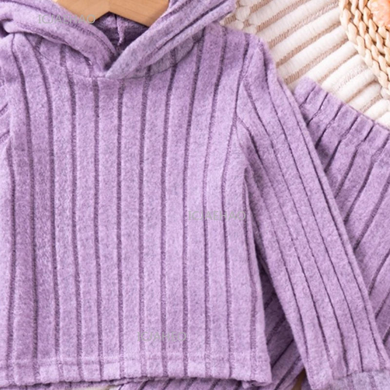 Girls Children Outfit Set Hooded Knit Sweater Long Sleeve Solid Pants Casual Clothing for Kids Toddler Daily Wear Autumn Spring