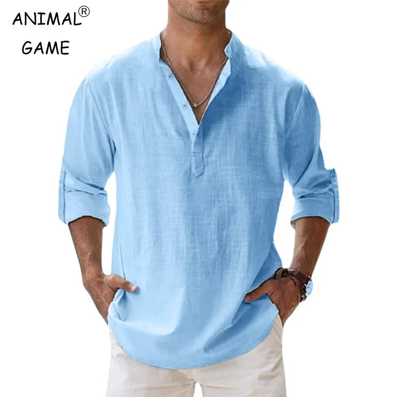 New Men Casual Shirts Lightweight Long Sleeve Henley Cotton Shirts for Beach Linen Shirts Hawaiian Breathable Collar Tops