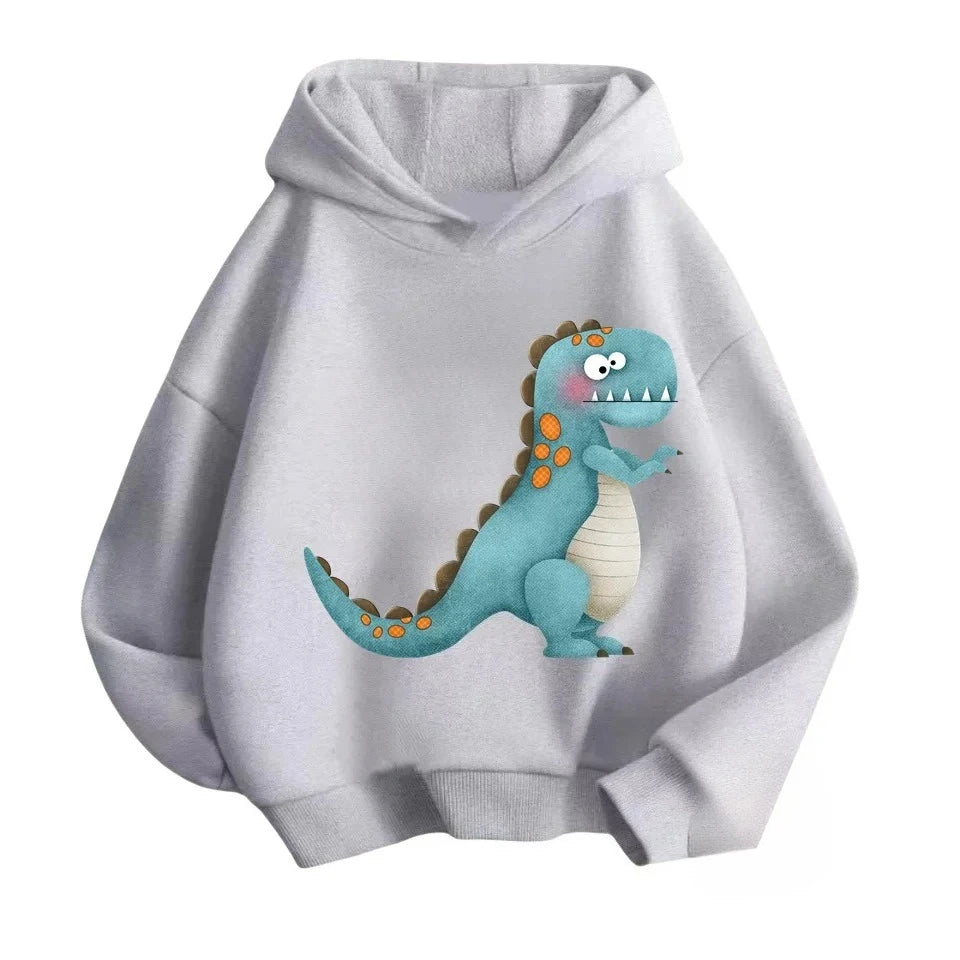New Cartoon Dinosaur Print Children's Hooded Sweatshirt Boy Girl Autumn Winter Daily Outdoor Casual Wear Loose Warm Sportswear BAZAARHUBO