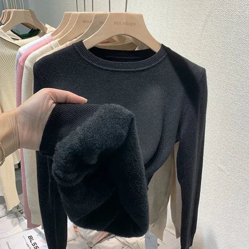 Women's O-neck Velvet Thicken Sweaters Winter Slim Warm Long Sleeve Knitted Tops Casual Plush Fleece Lined Soft Pullovers Ladies